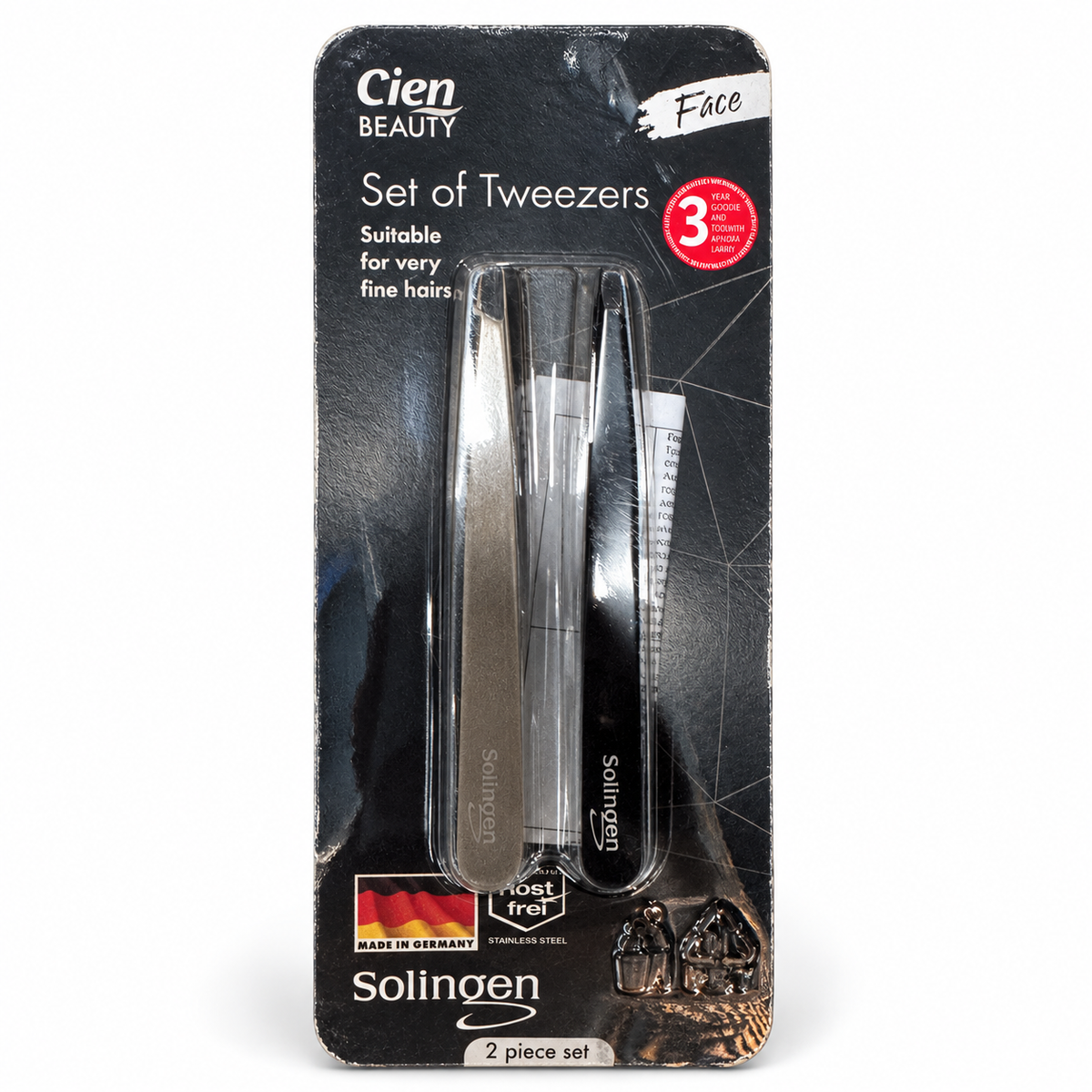 Cien Beauty Solingen set de dos pinzas de depilar en blister sobre fondo blanco