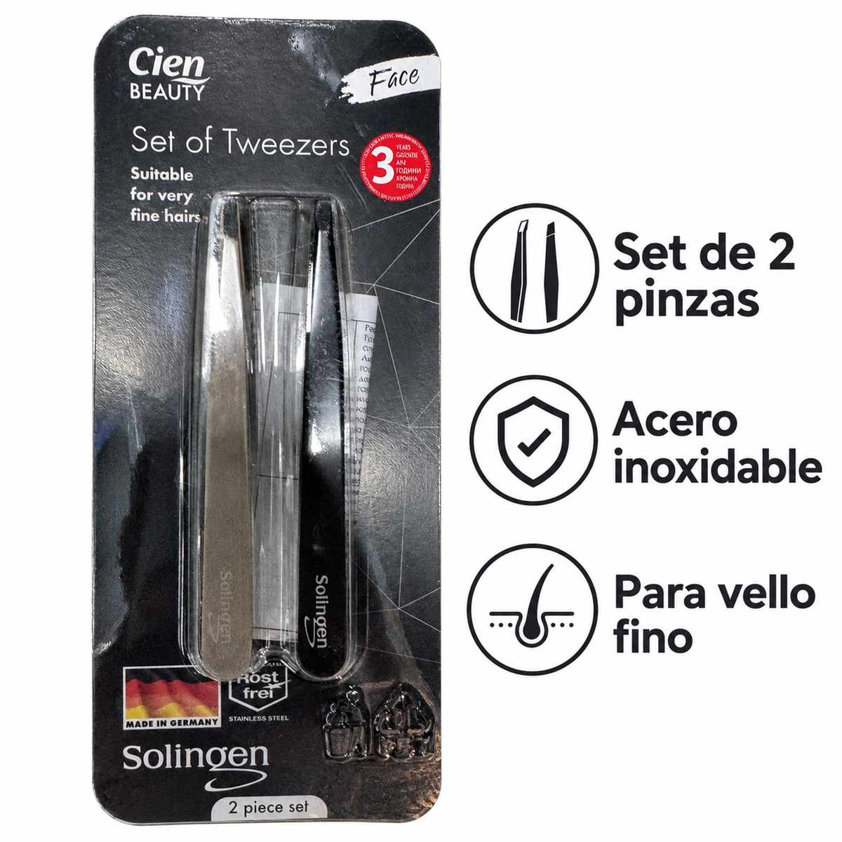 Características de las dos pinzas Cien Beauty Solingen: acero inoxidable y vello fino