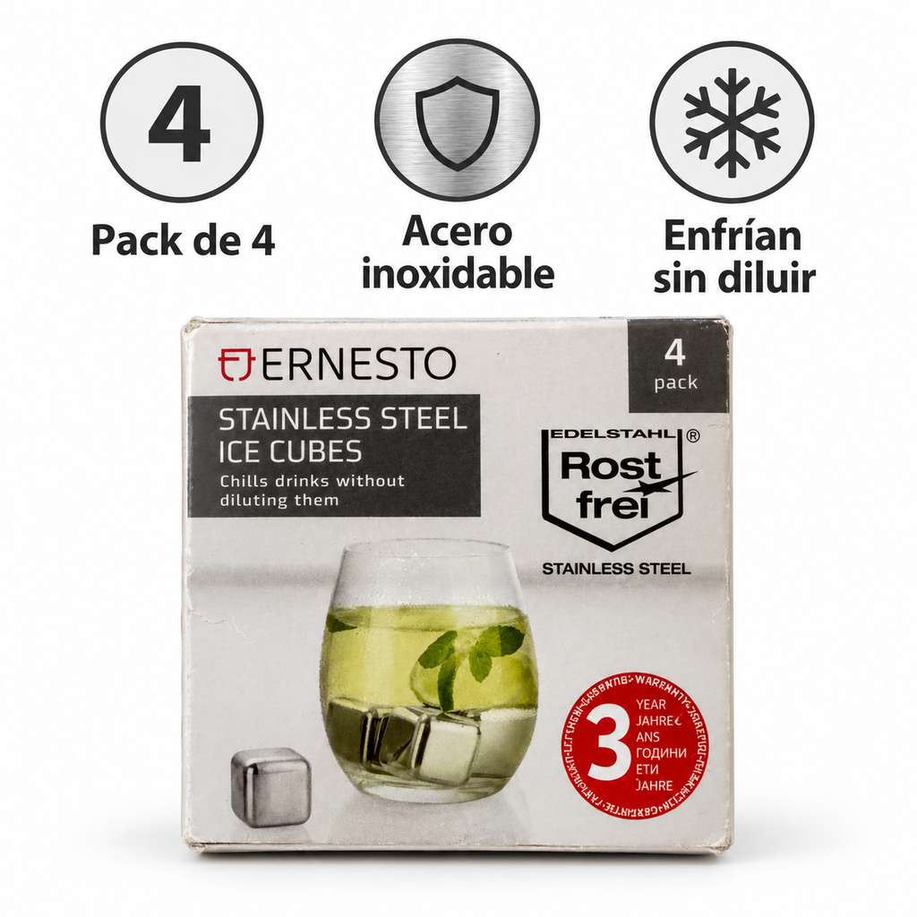 Ernesto pack de cuatro cubitos reutilizables de acero inoxidable: características confirmadas en el embalaje