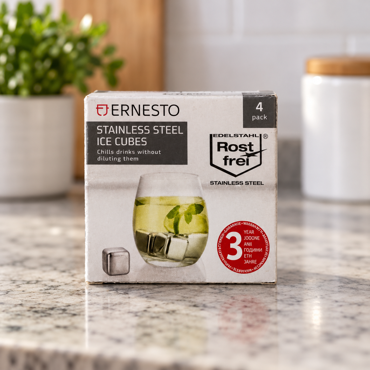Ernesto pack de cuatro cubitos reutilizables de acero inoxidable: caja original en ambiente de uso