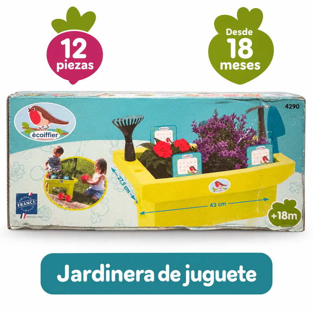 Ecoiffier jardinera de juguete 4290 de doce piezas: características confirmadas en el embalaje