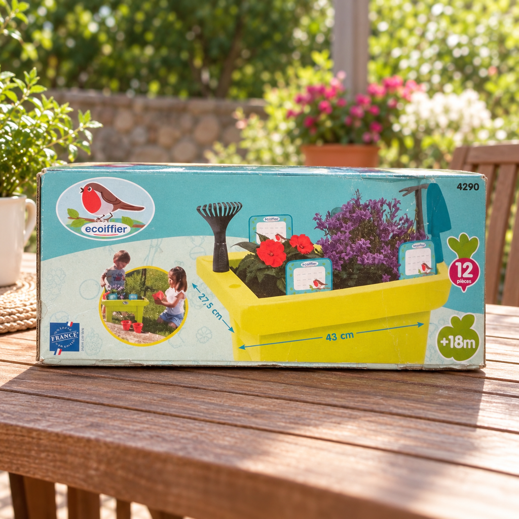 Ecoiffier jardinera de juguete 4290 de doce piezas: caja original en ambiente de uso