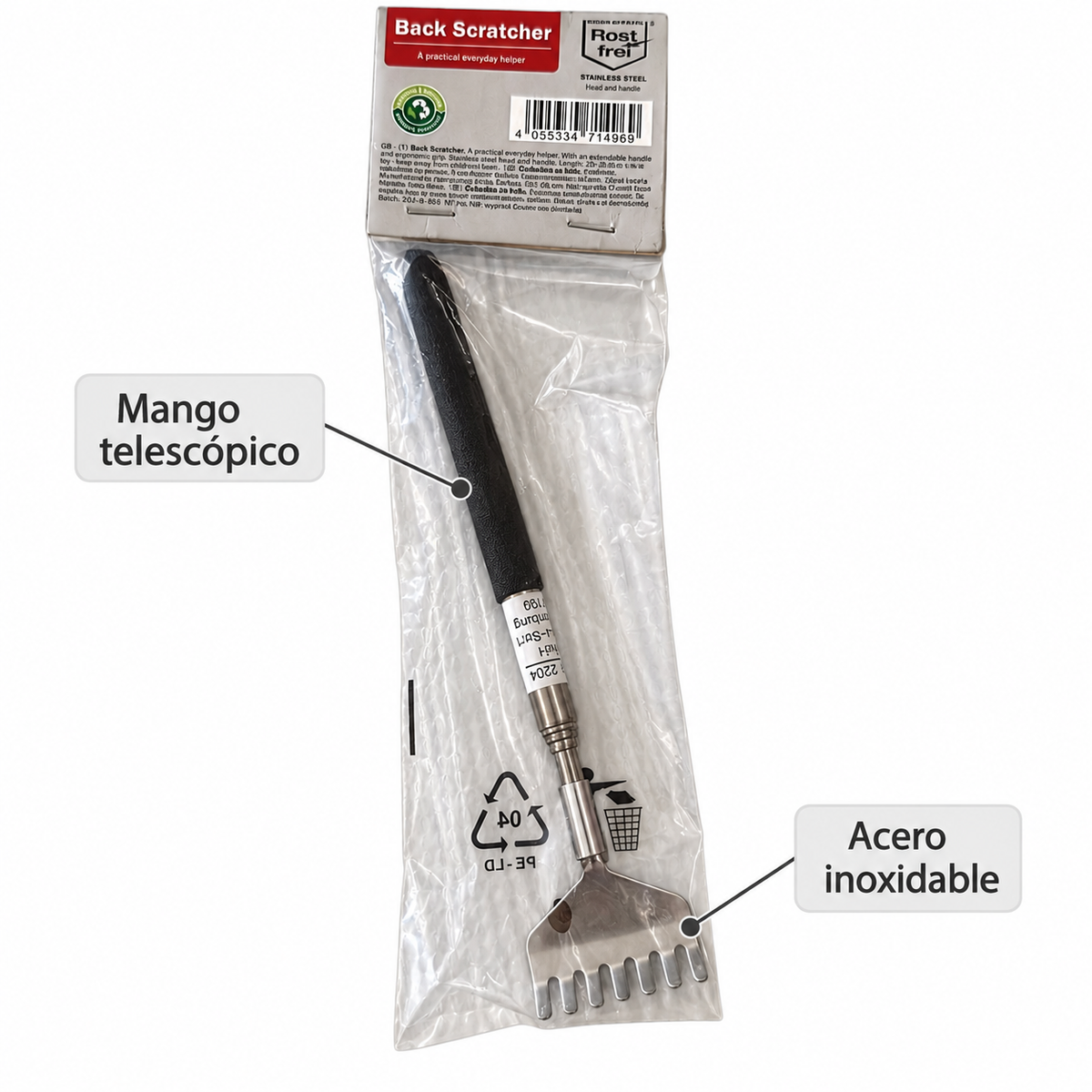 Características del rascador: mango telescópico y cabeza de acero inoxidable