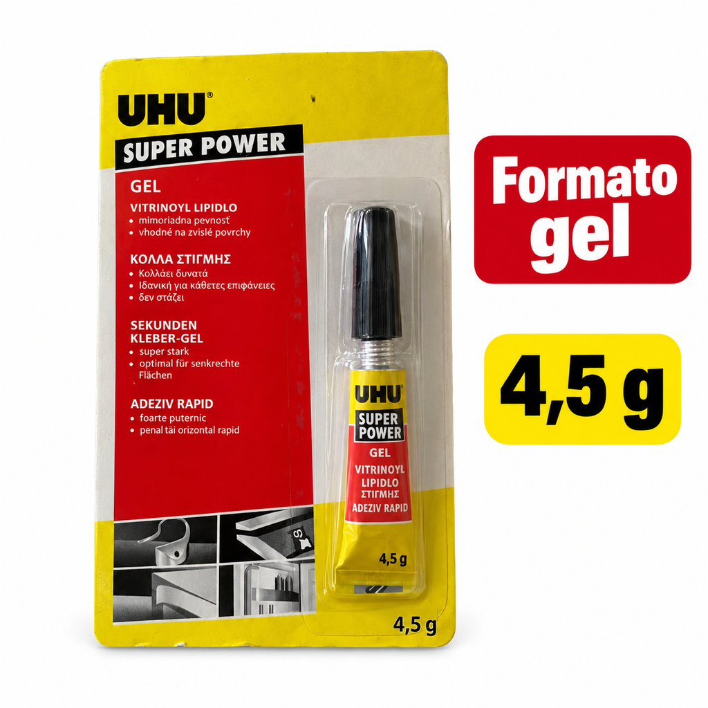 Características UHU Super Power: pegamento en formato gel, tubo de 4,5 g