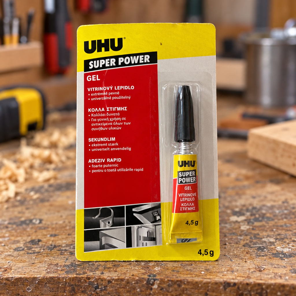 UHU Super Power Gel con embalaje original en una mesa de bricolaje