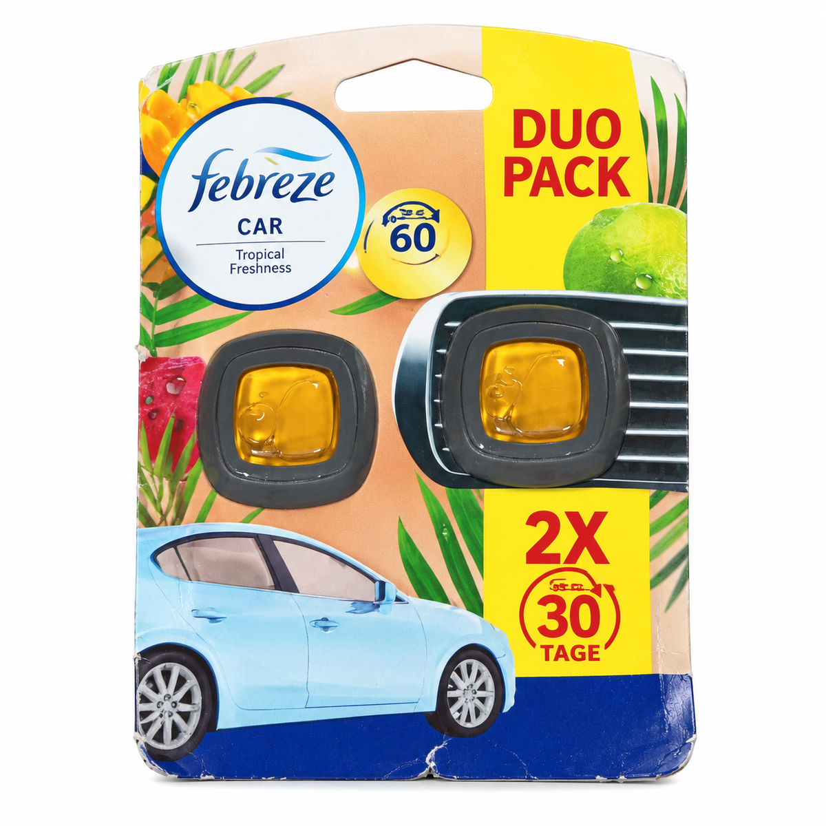 Febreze Car Tropical Duo Pack en su embalaje original sobre fondo blanco