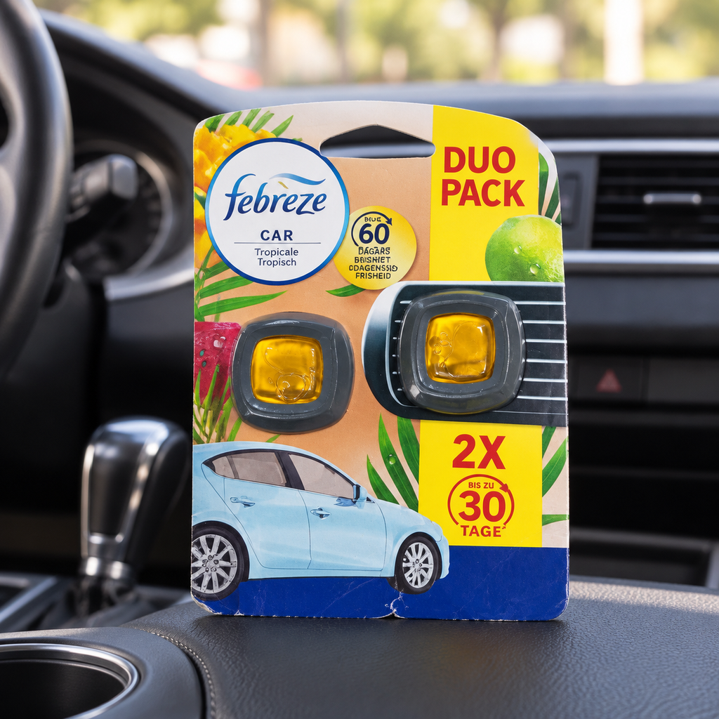 Febreze Car Tropical Duo Pack en su envase dentro de un coche estacionado