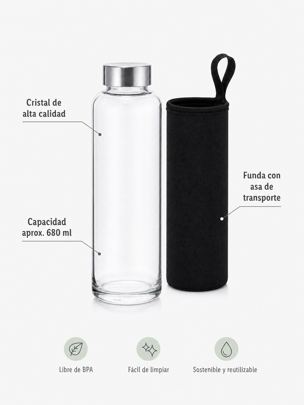 ERNESTO Botella de cristal 680 ml con tapón y funda con asa