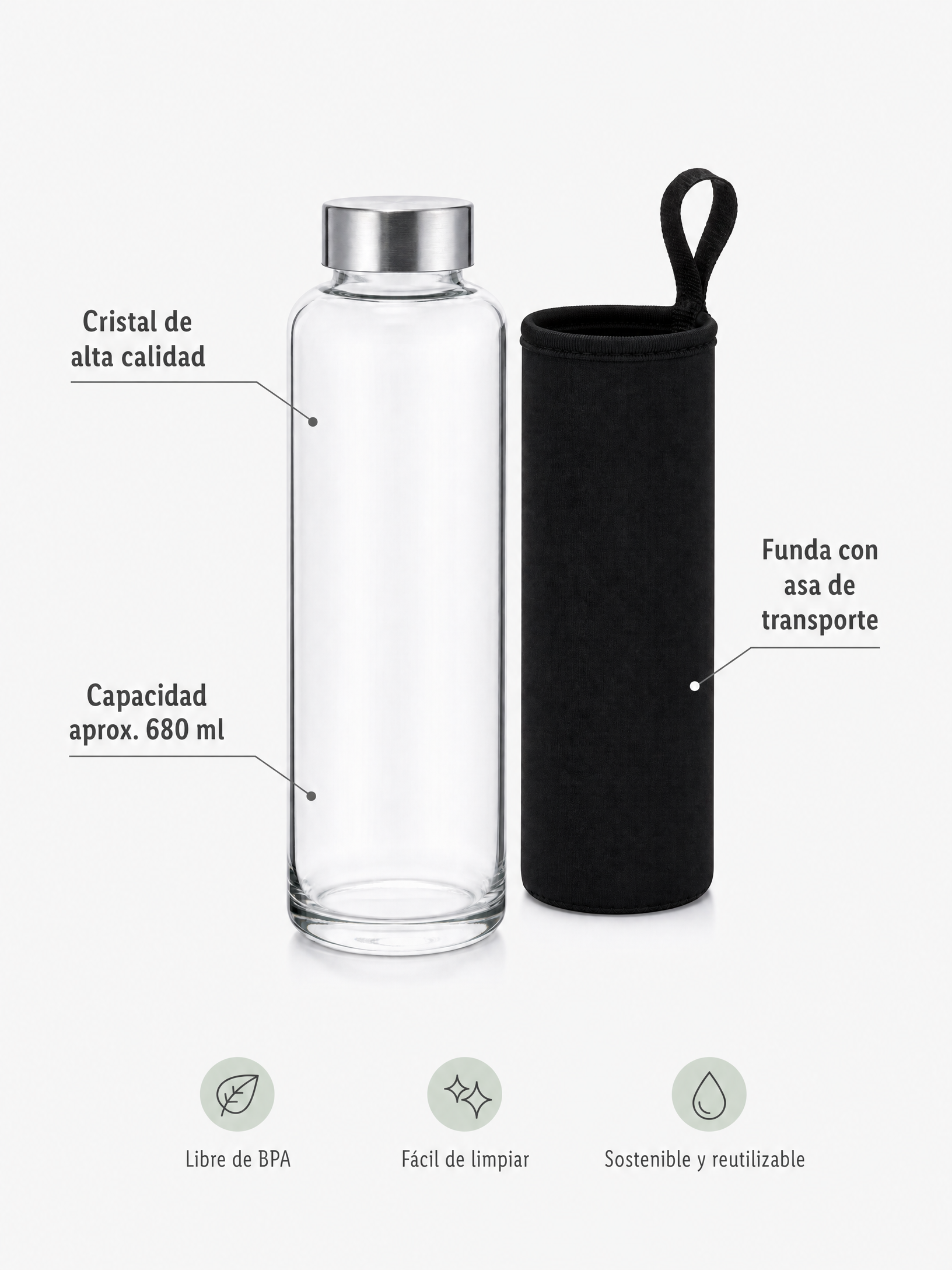 ERNESTO Botella de cristal 680 ml con tapón y funda con asa
