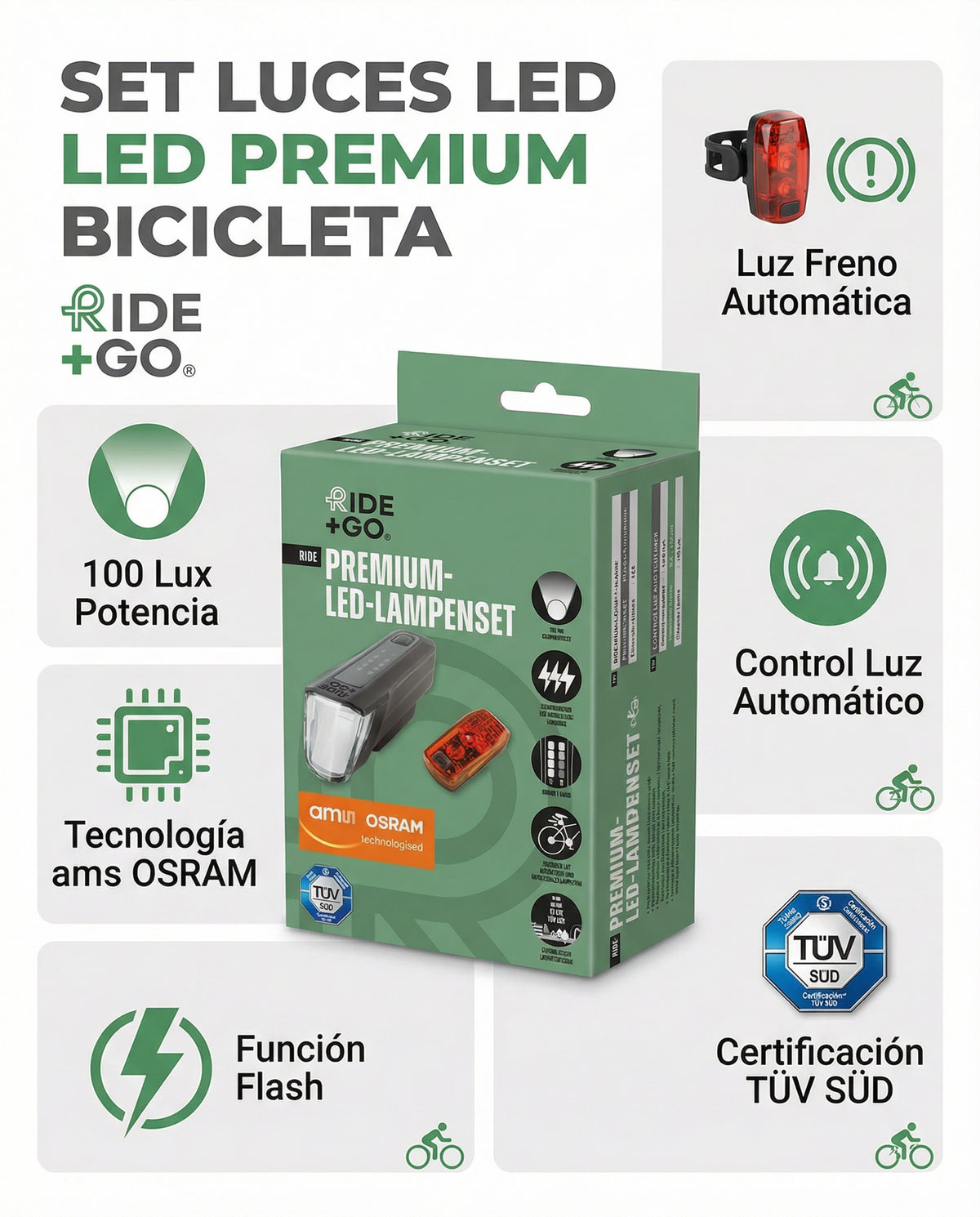 Set Luces LED Premium Bicicleta 100 Lux Delantera + Trasera OSRAM TÜV | Ride+Go