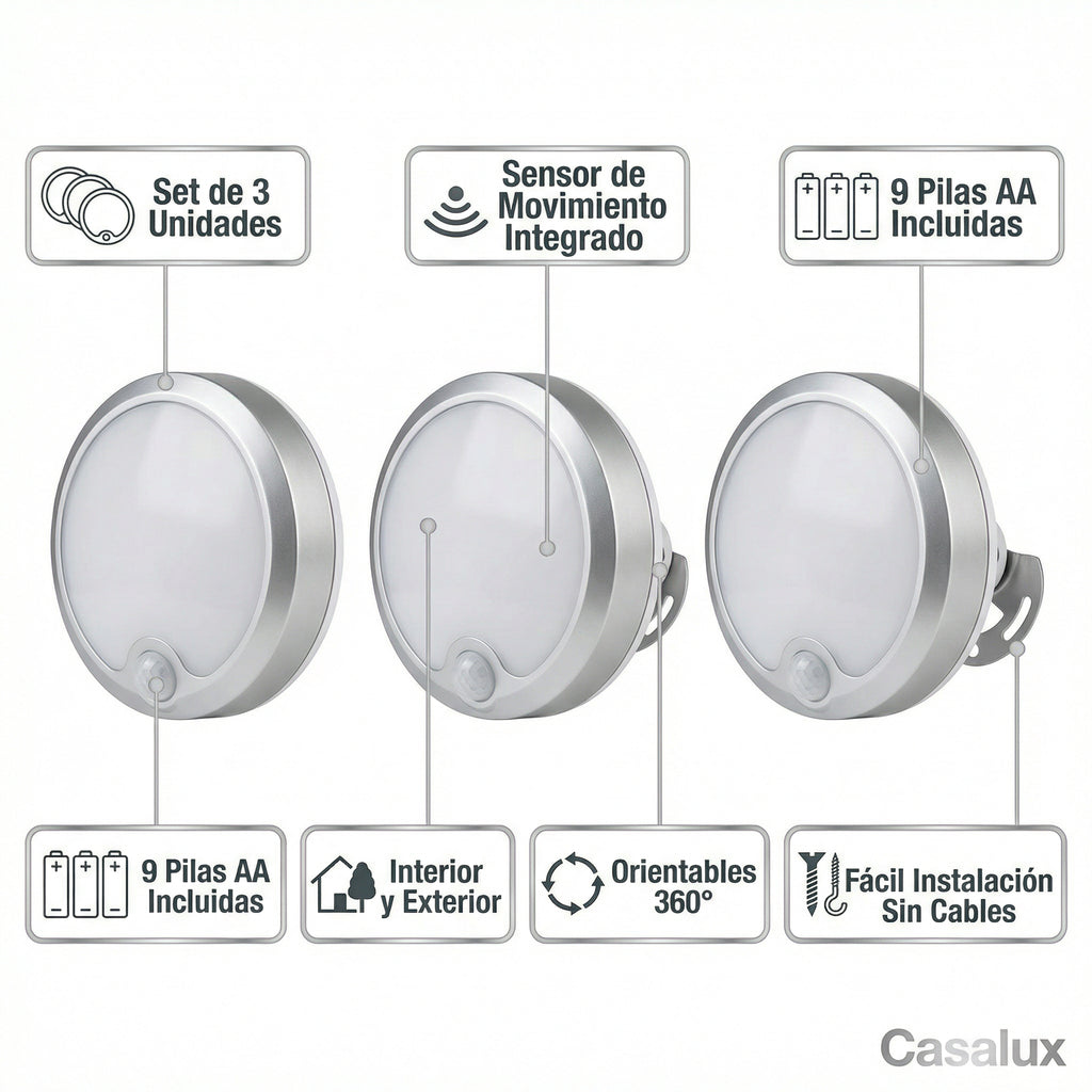 Set 3 Luces LED con Sensor de Movimiento Orientables | Casalux