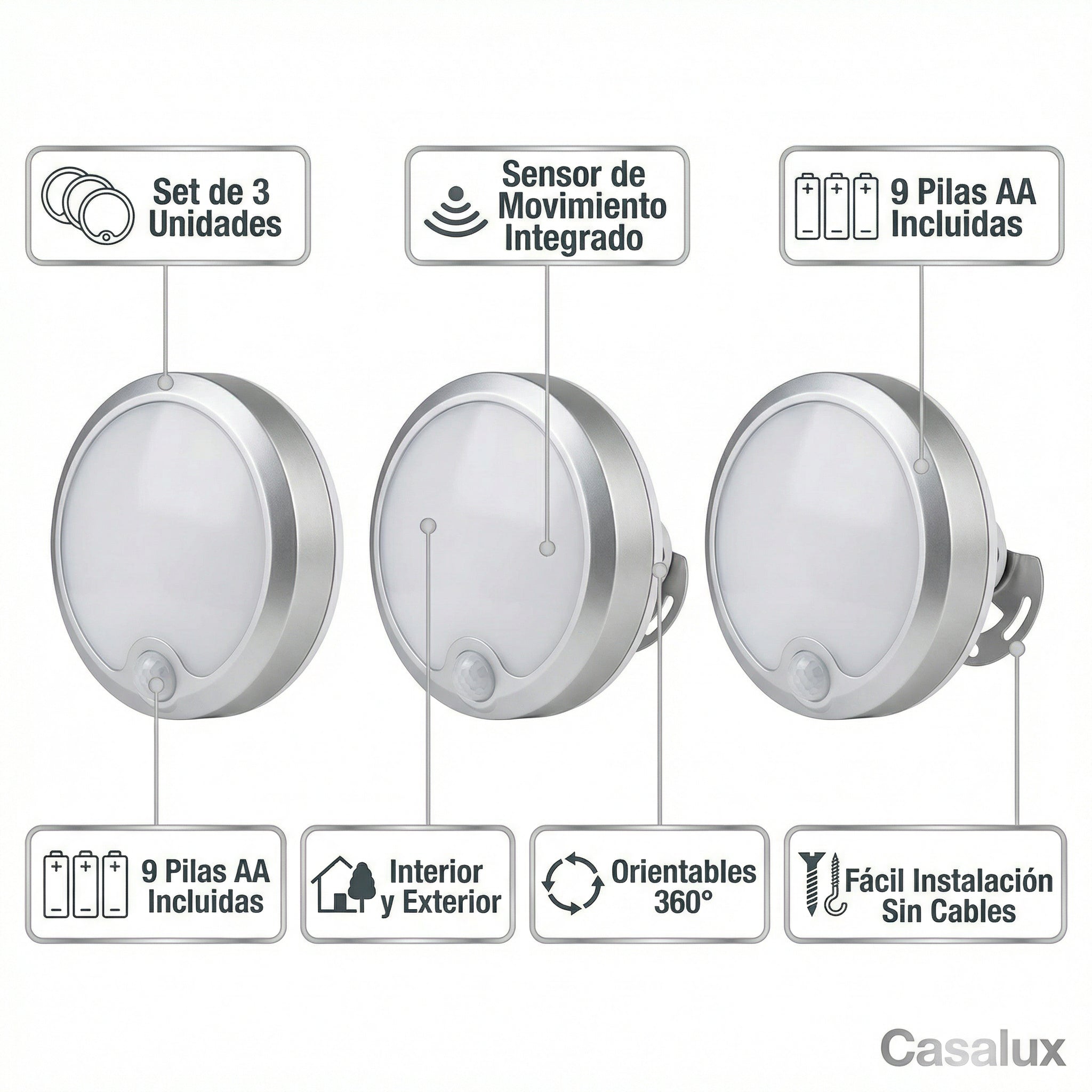Set 3 Luces LED con Sensor de Movimiento Orientables | Casalux