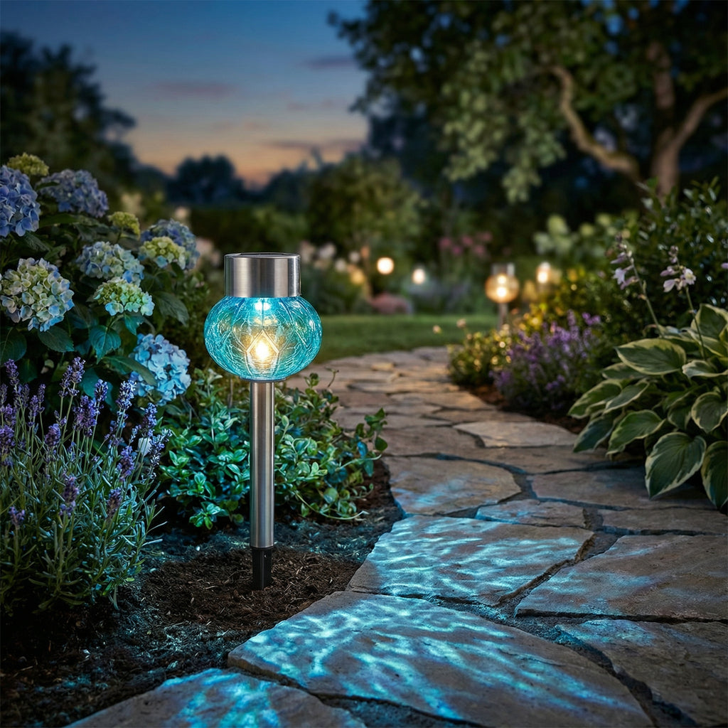 Luz Solar Decorativa Acero Inoxidable con Esfera de Cristal Azul Mosaico 35cm | Livarno Home