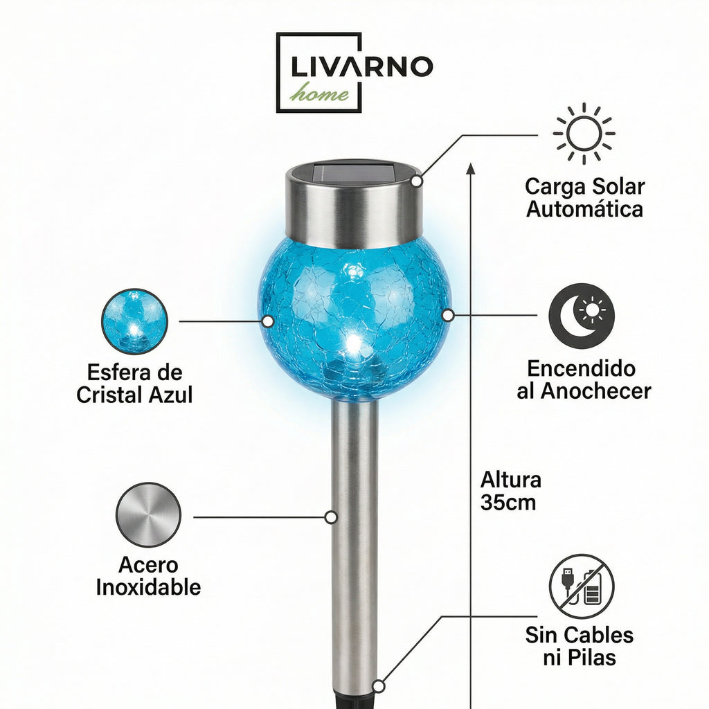 Luz Solar Decorativa Acero Inoxidable con Esfera de Cristal Azul Mosaico 35cm | Livarno Home