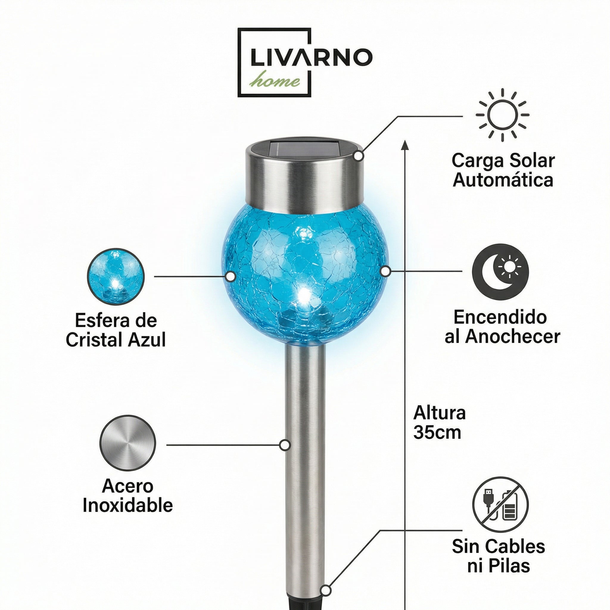 Luz Solar Decorativa Acero Inoxidable con Esfera de Cristal Azul Mosaico 35cm | Livarno Home