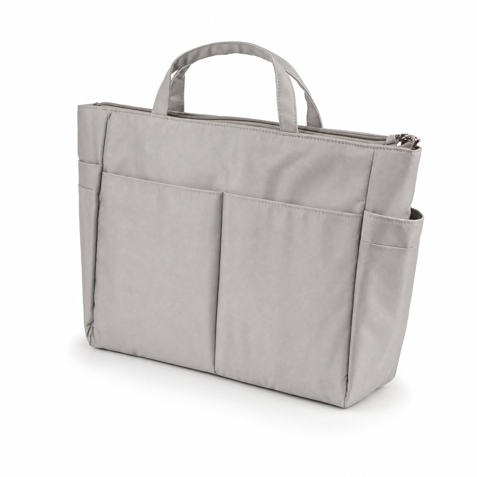 Organizador de bolso gris con asas superiores, bolsillos exteriores y cremallera superior