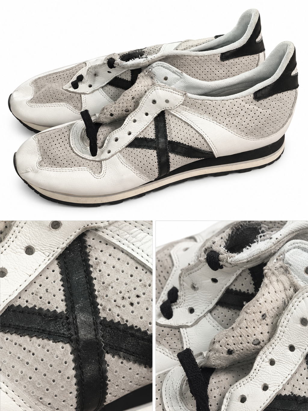 Zapatillas Munich blancas y grises perforadas con X negra · Talla 45 - detalles de diseño y desgaste