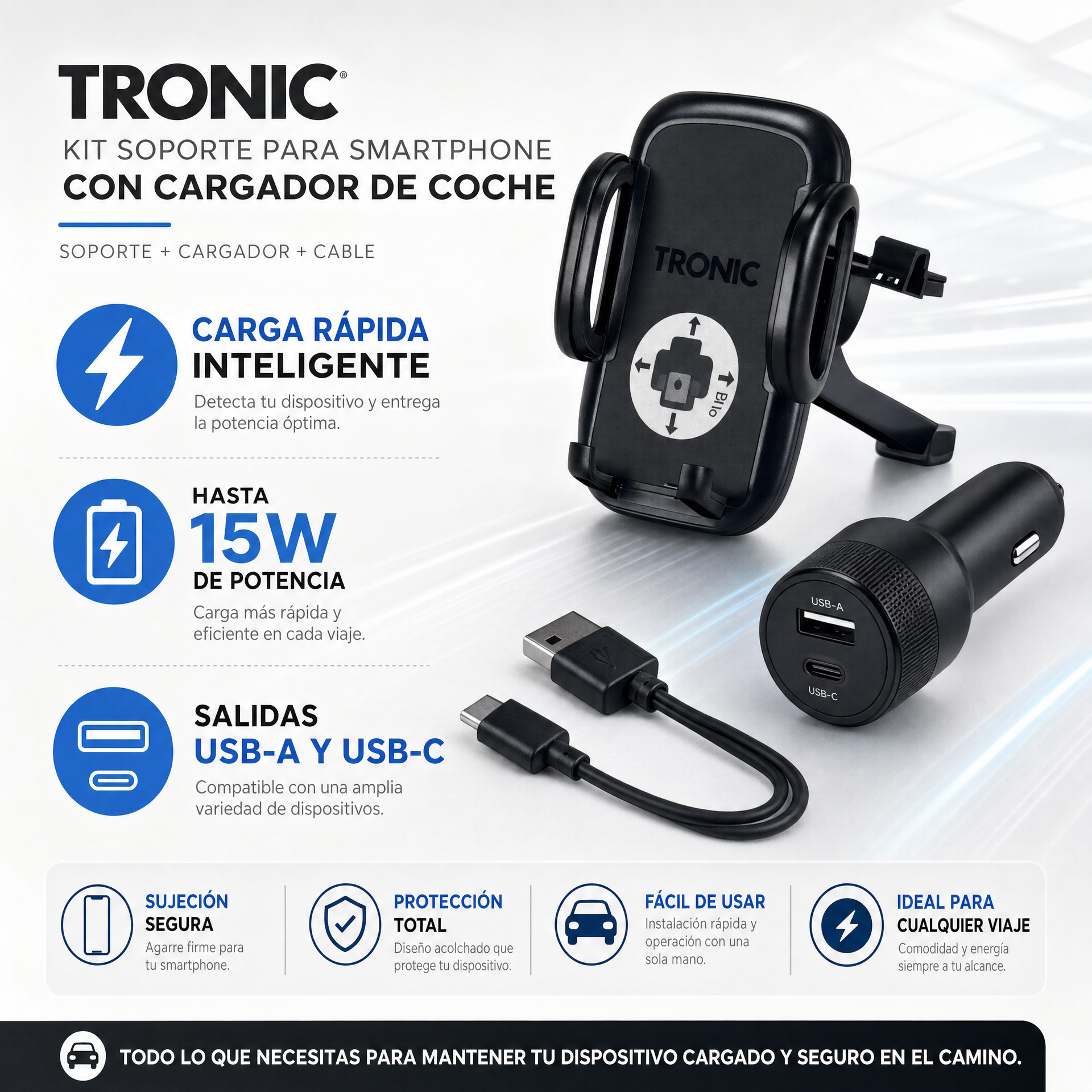 Tronic Soporte para smartphone para coche con cargador y cable