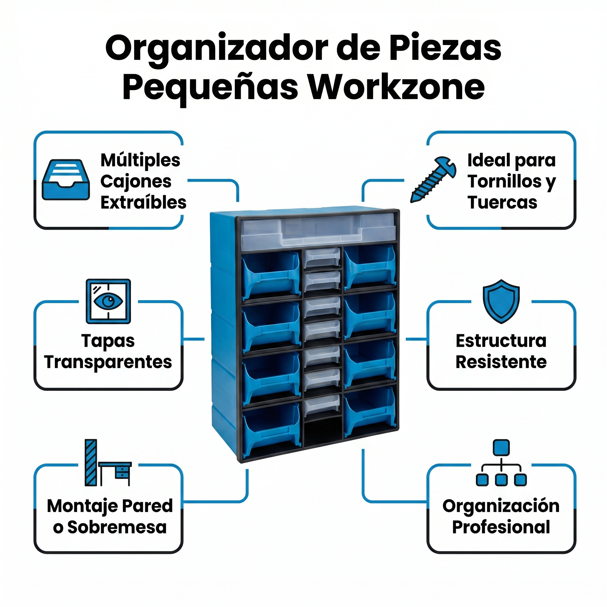 Organizador de Piezas Pequeñas Workzone — Cajones Azules Extraíbles