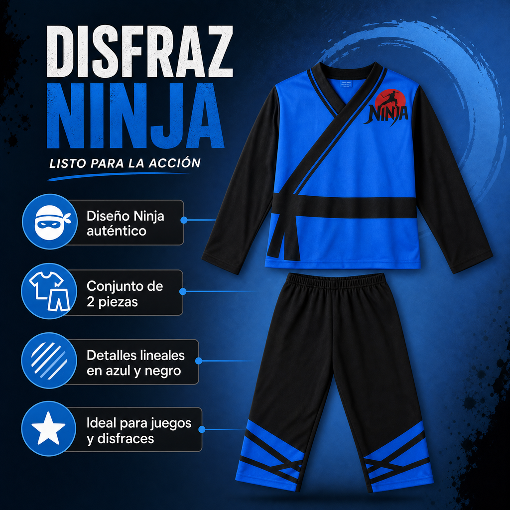 Ninja — Conjunto disfraz infantil azul y negro con logo rojo