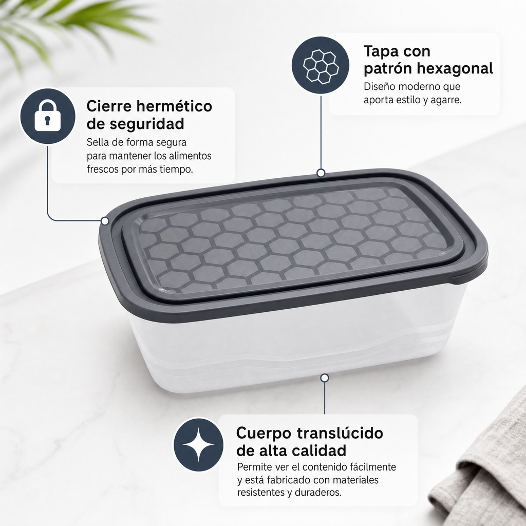 Recipiente rectangular cuerpo translúcido tapa gris con patrón hexagonal y reborde de cierre