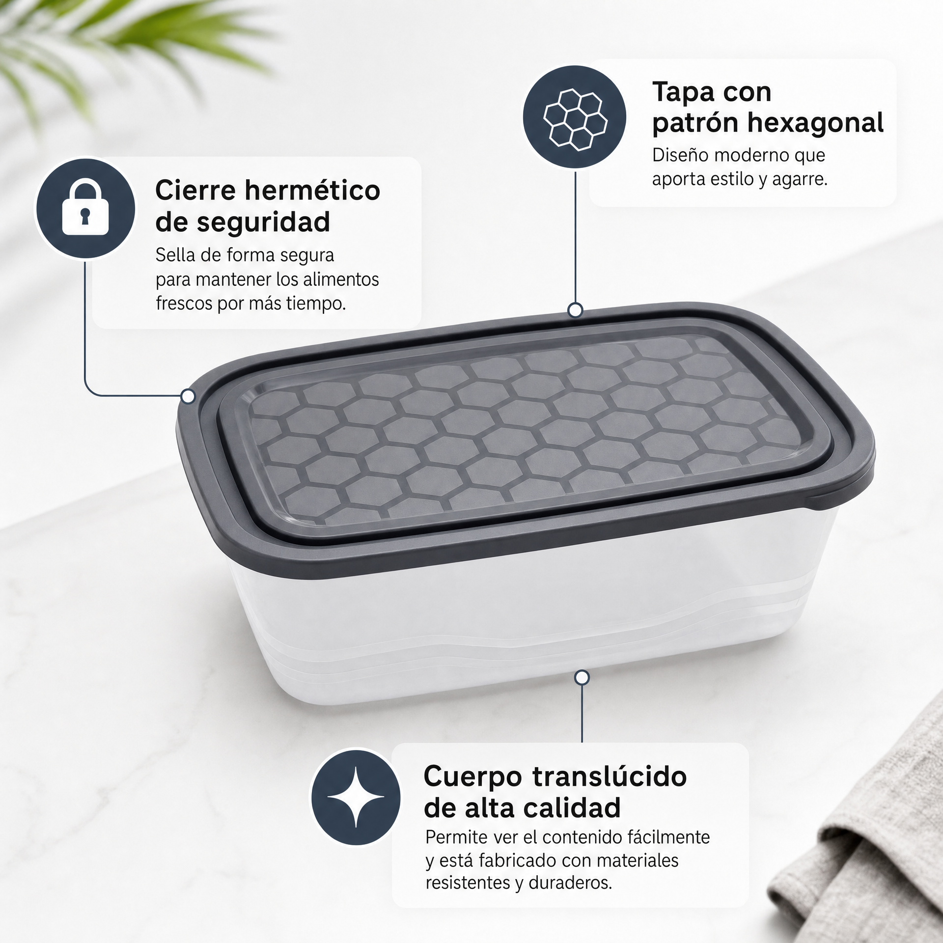 Recipiente rectangular cuerpo translúcido tapa gris con patrón hexagonal y reborde de cierre