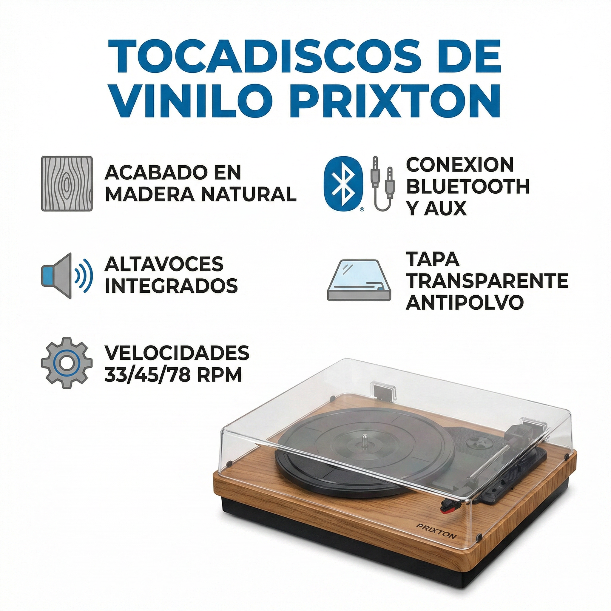 Tocadiscos de Vinilo Prixton — Altavoces Integrados y Bluetooth