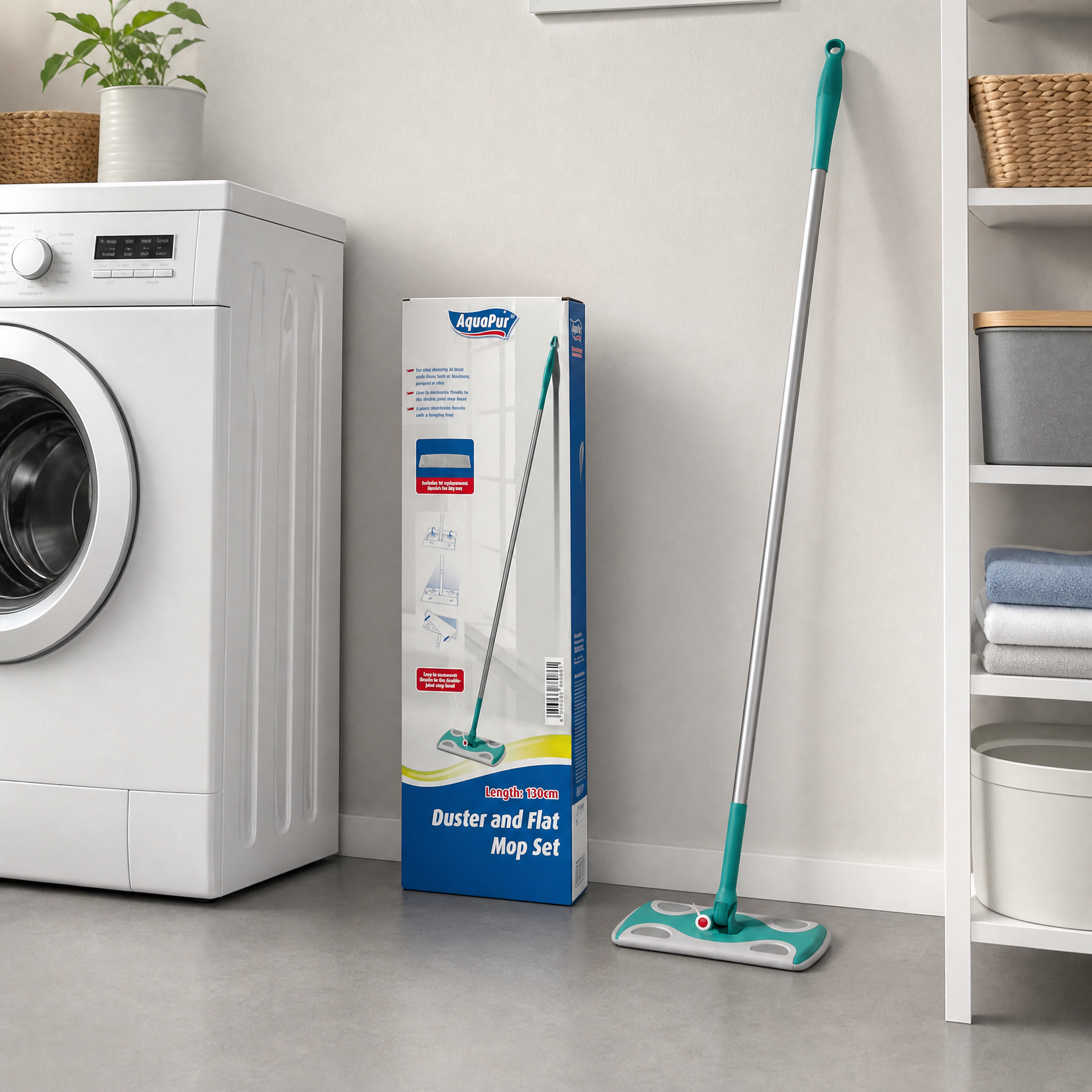 AquaPur mopa plana con cabezal articulado y mango largo 130 cm