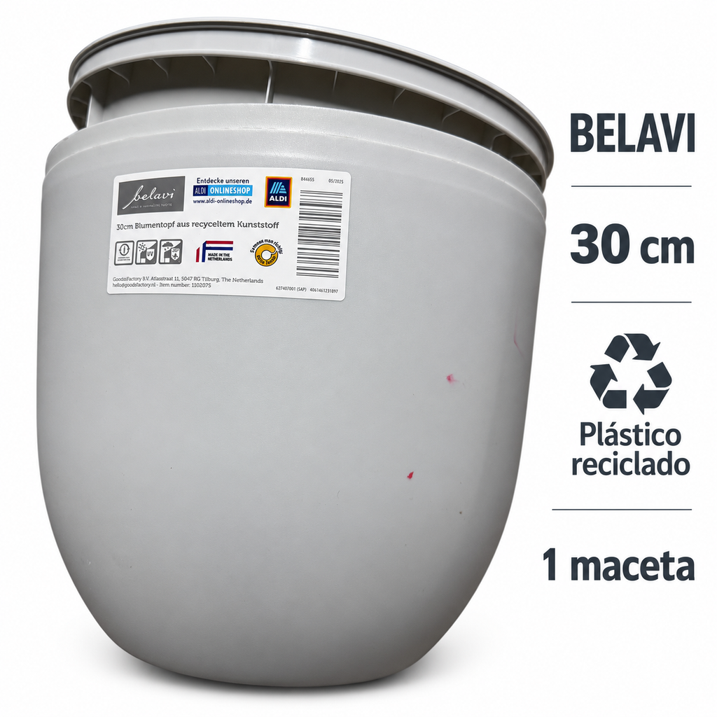 Maceta Belavi gris de plástico reciclado de 30 cm con características confirmadas en la etiqueta