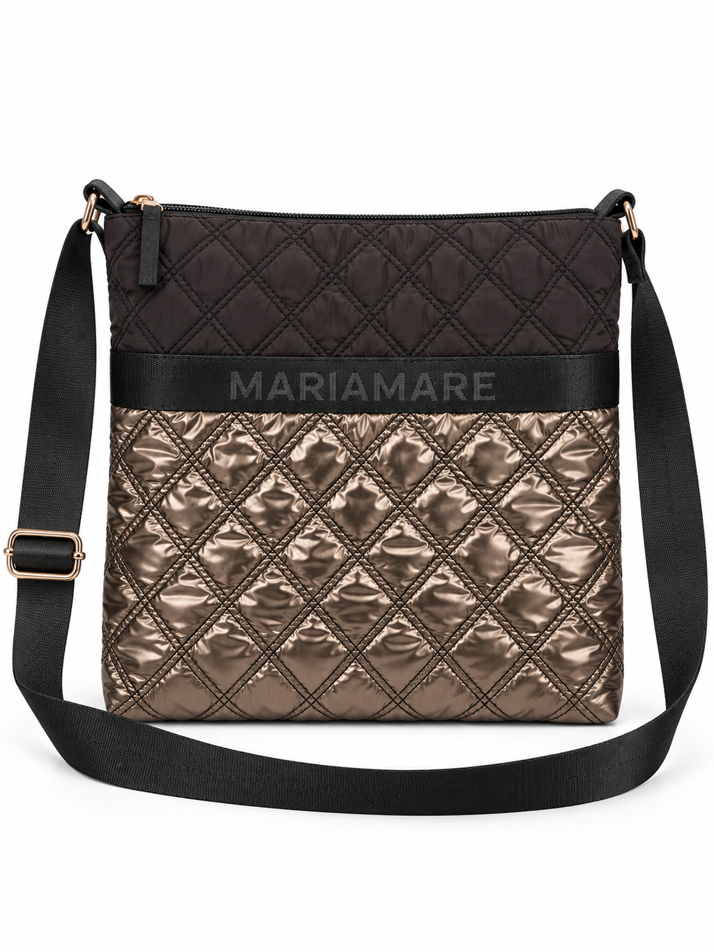 Bolso Mariamare acolchado bronce y marrón con correa negra · principal