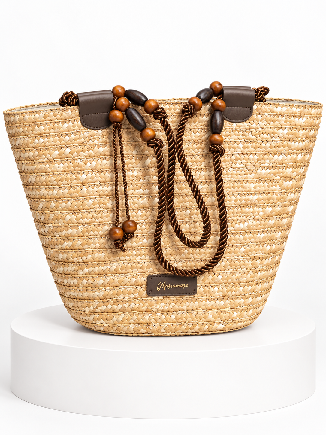 Capazo Mariamare beige con asas de cuerda y cuentas · presentacion