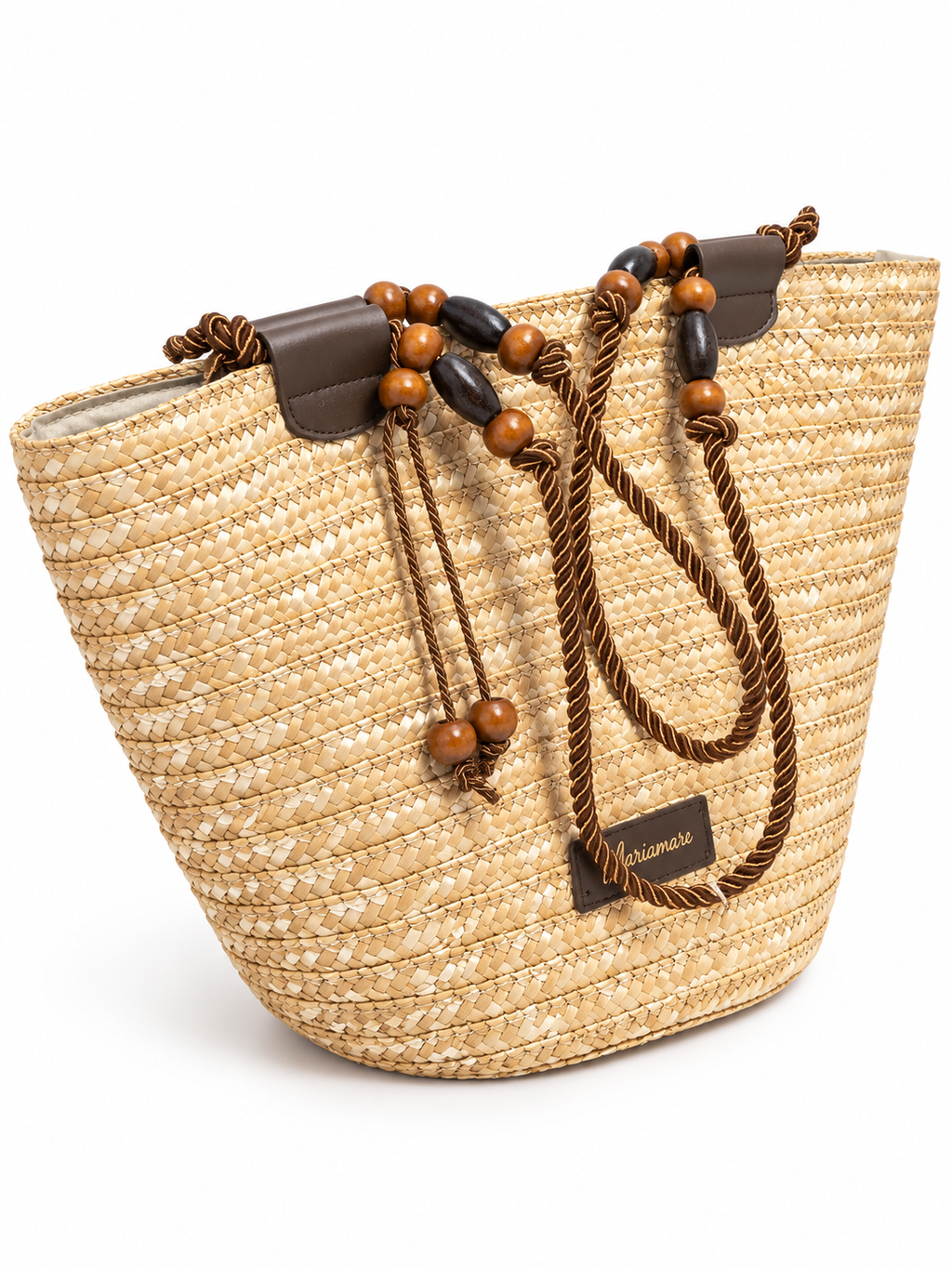 Capazo Mariamare beige con asas de cuerda y cuentas · principal