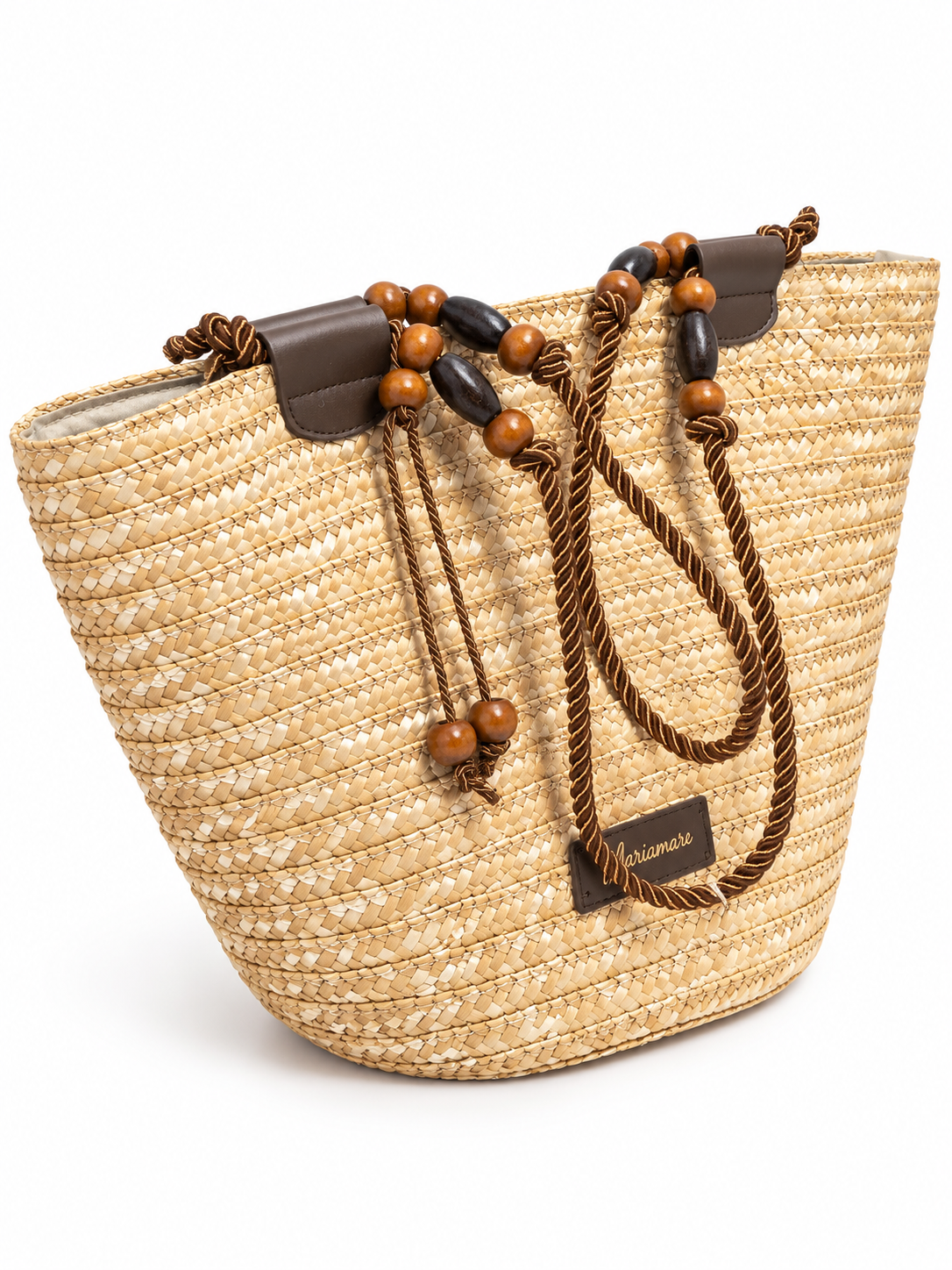 Capazo Mariamare beige con asas de cuerda y cuentas · principal