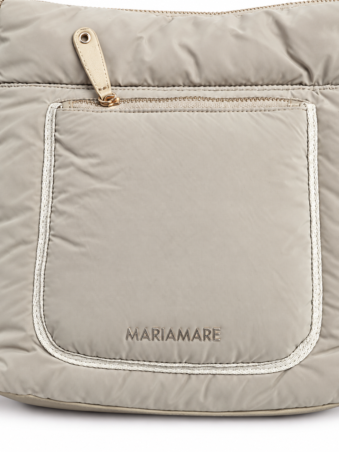 Bolso Mariamare gris beige con bolsillo frontal y ribete blanco · detalle