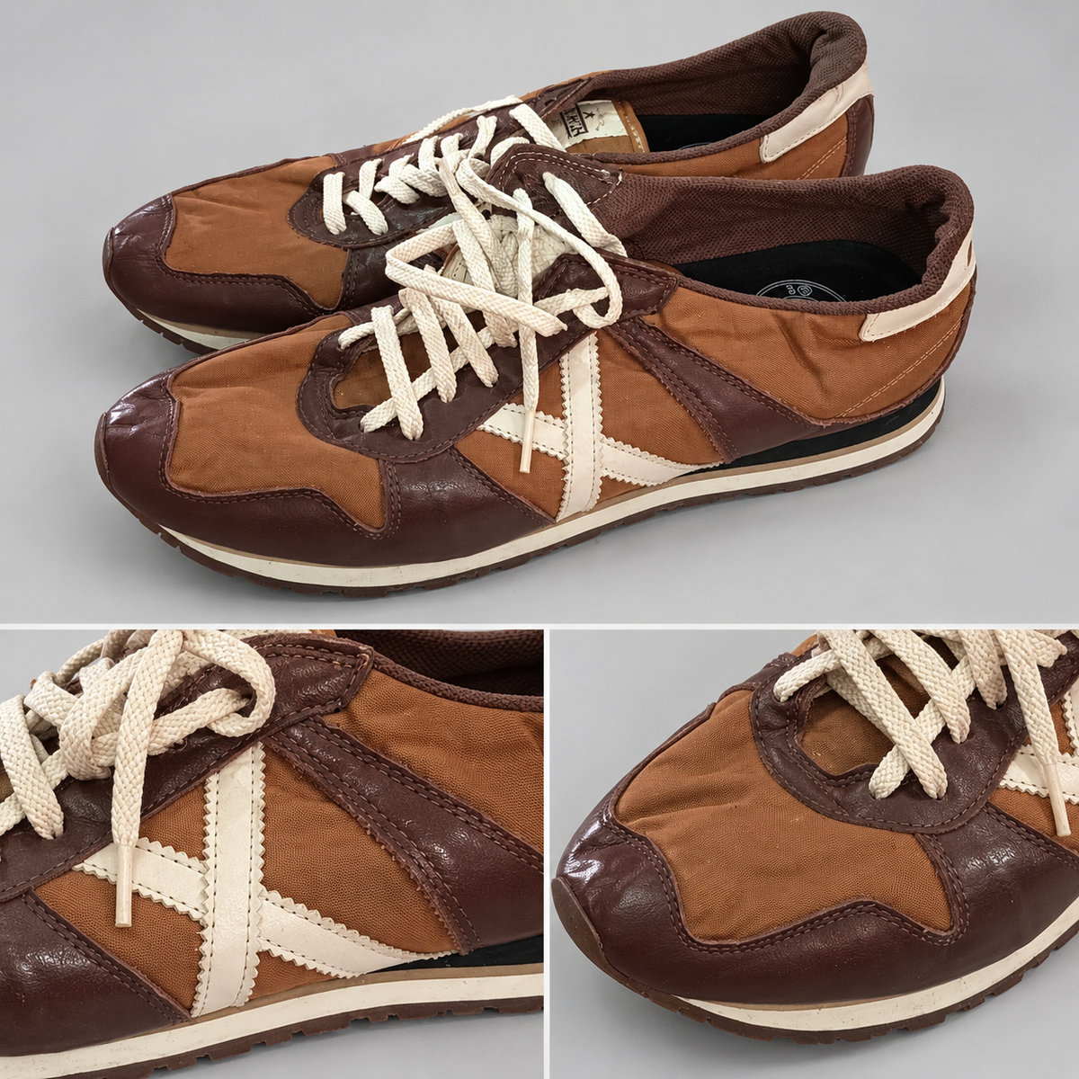 Zapatillas Munich marrones con X crema y cuello marrón · Talla 45 - detalle de diseño y estado