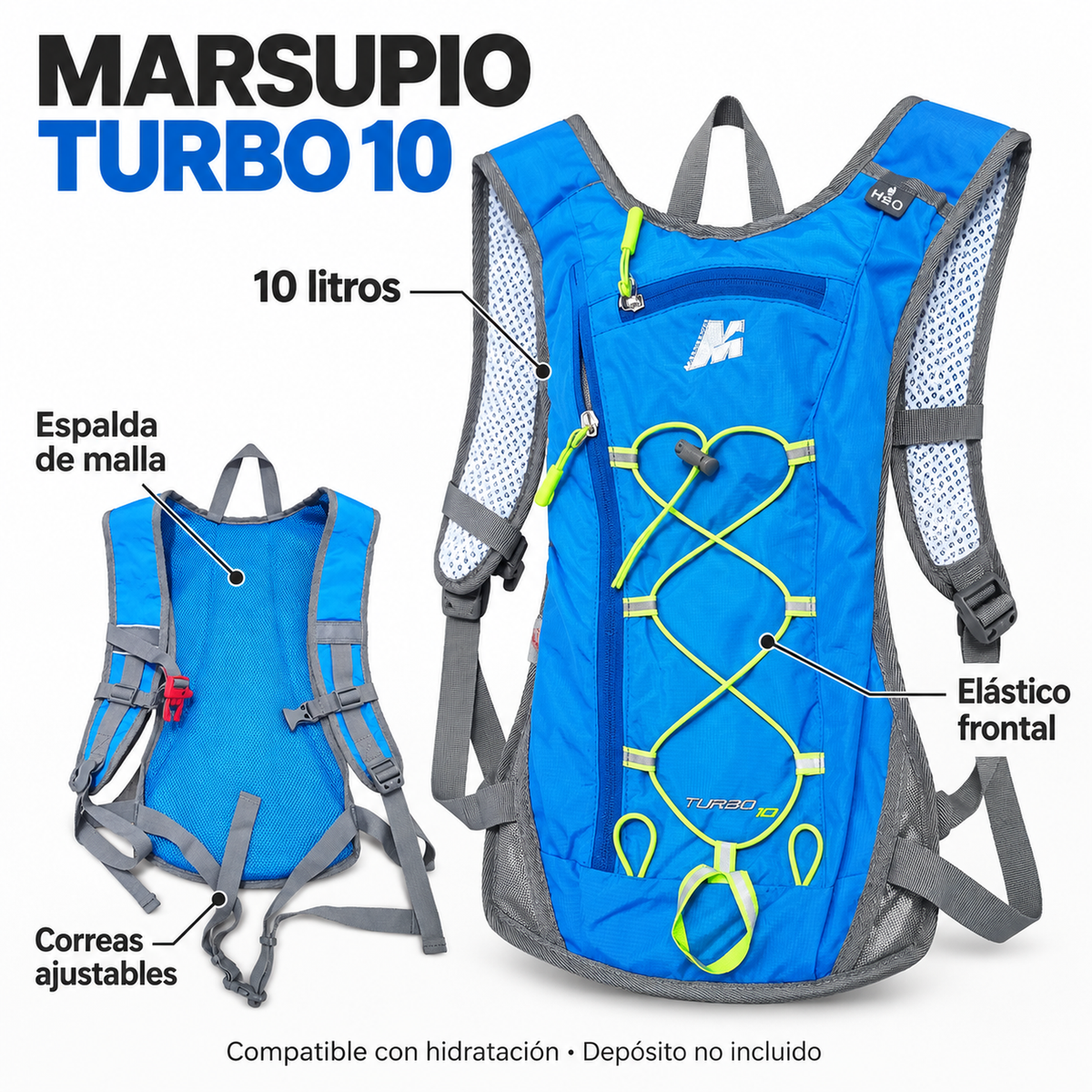 Marsupio Turbo 10: capacidad de 10 litros, espalda de malla, correas ajustables y elástico frontal