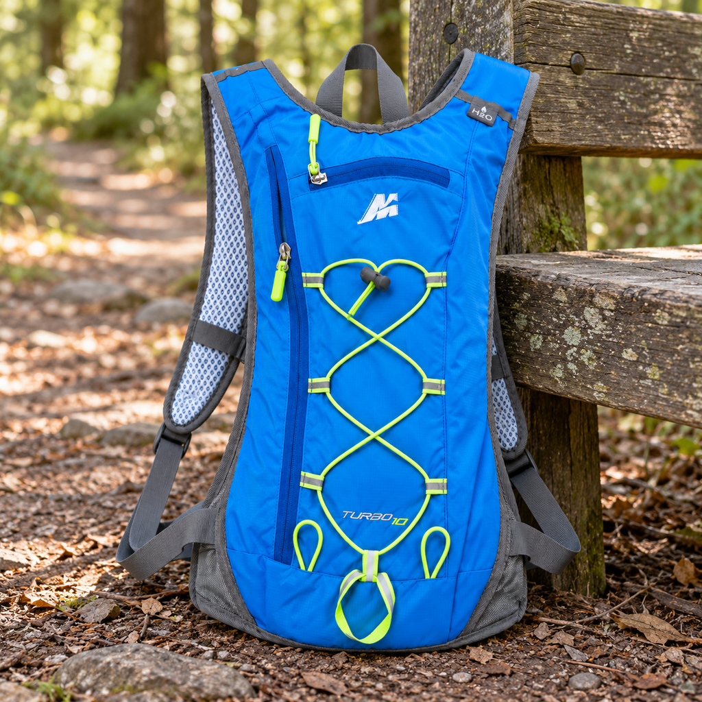 Mochila Marsupio Turbo 10 azul junto a un banco en un sendero de bosque
