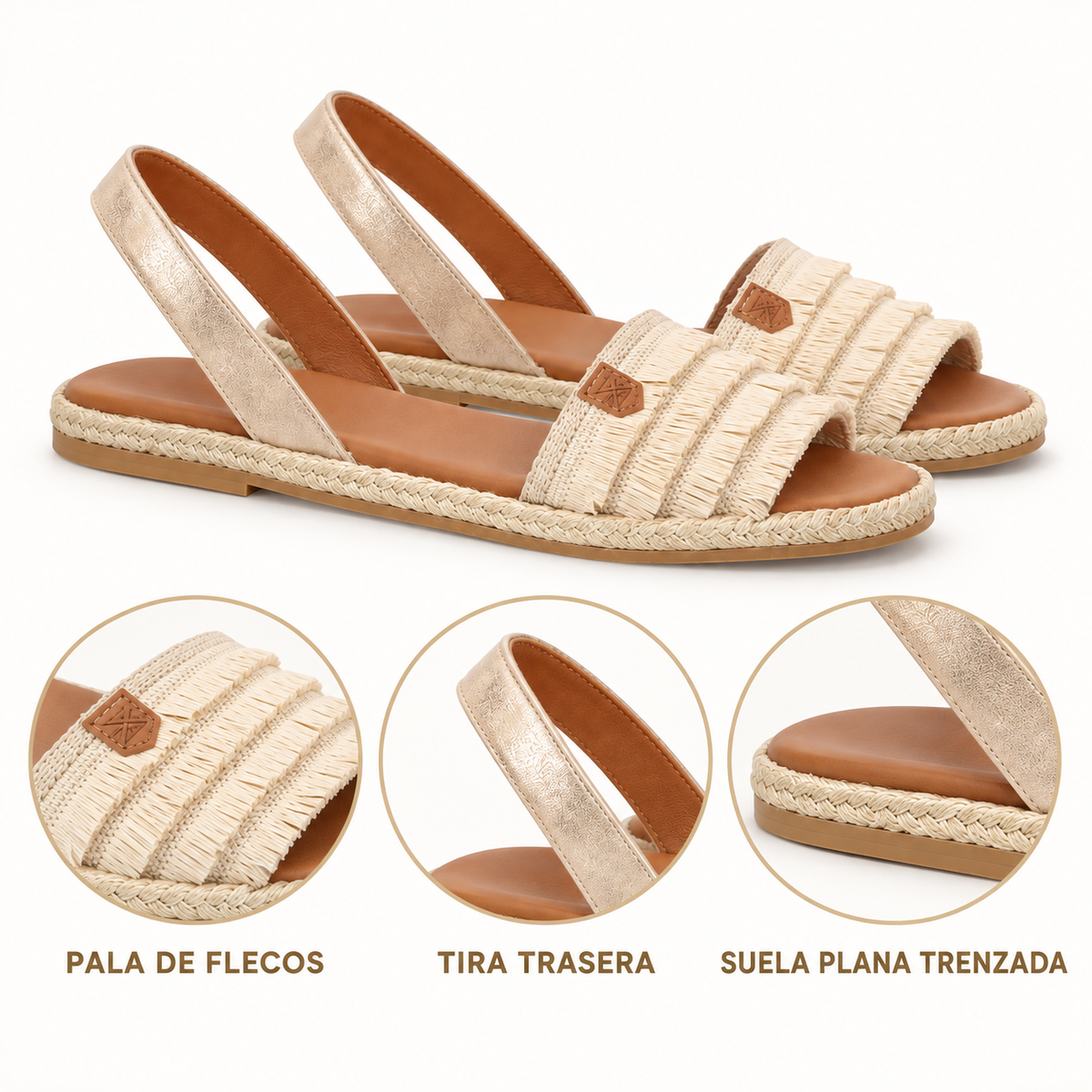 Detalles de las sandalias Popa Mendoza Flecos beige