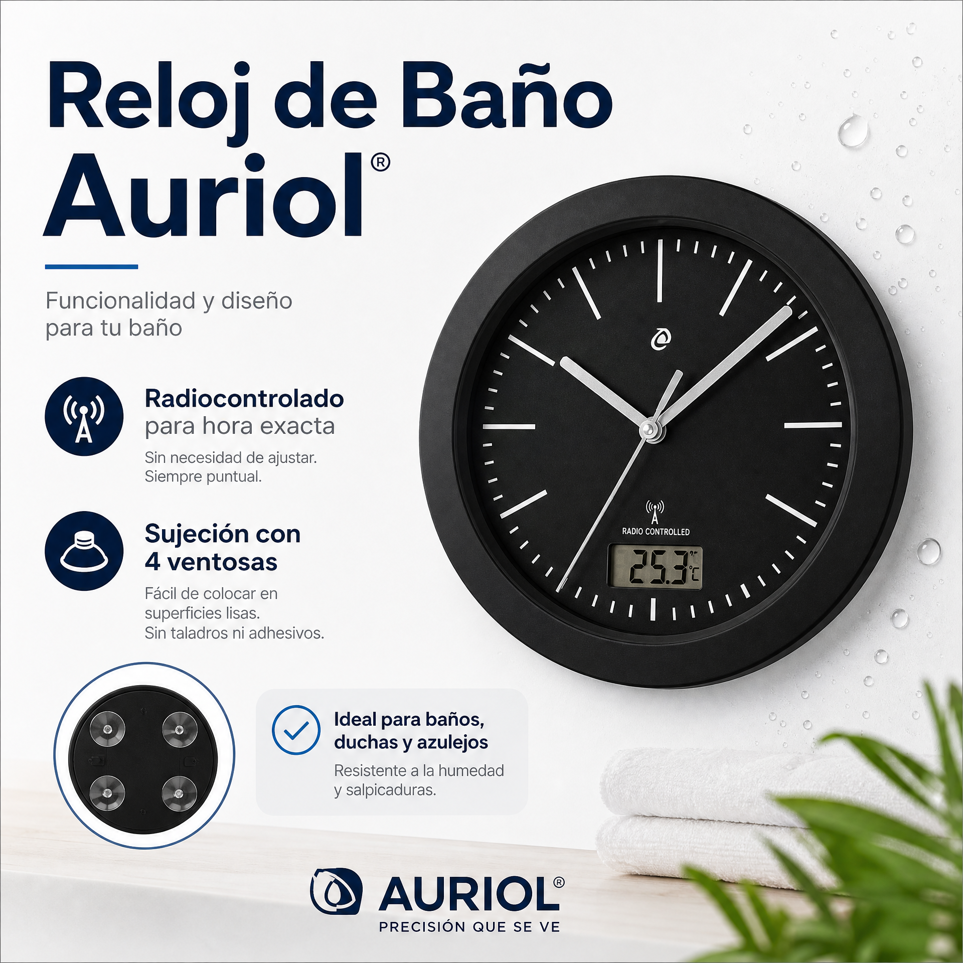 Reloj de Baño Radiocontrolado Auriol Negro con Temperatura
