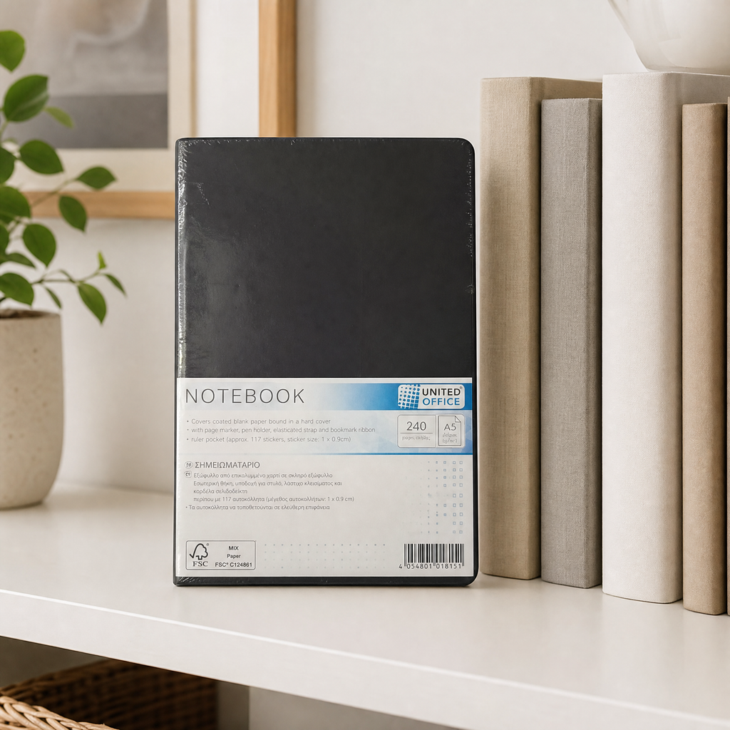 United Office cuaderno A5 - tapa dura negra, 240 páginas
