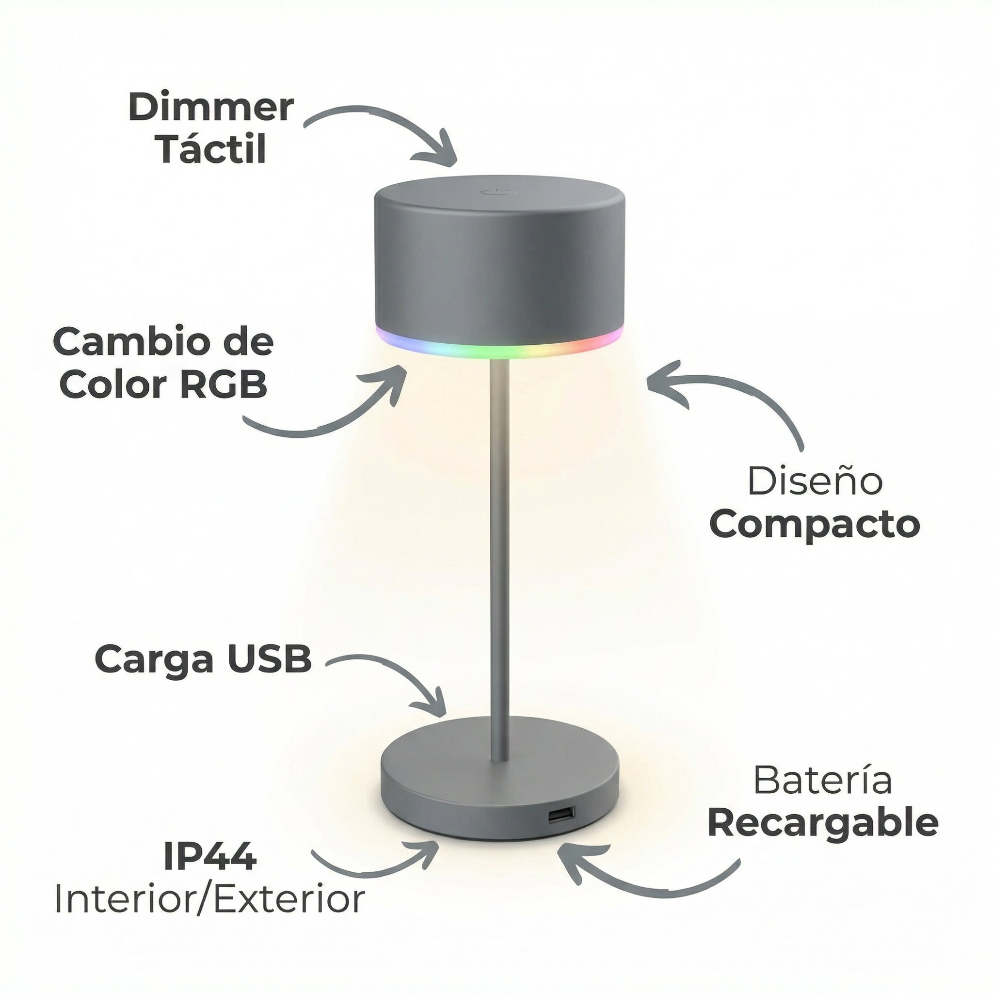 Micro Lámpara de Mesa LED IP44 Recargable USB Cambio Color con Dimmer Táctil | Casalux