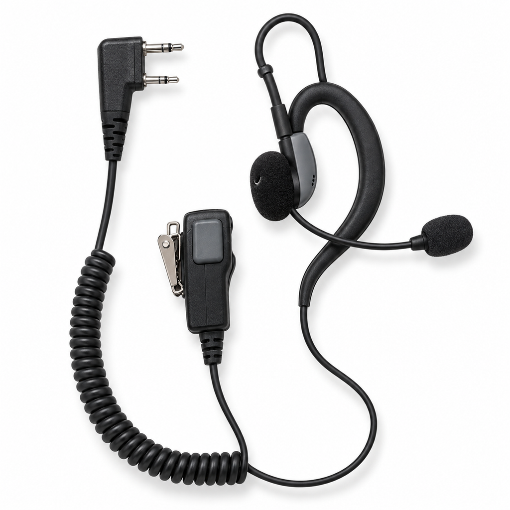 Auricular Midland MA21-LK con PTT y conector Kenwood de 2 pines sobre fondo blanco