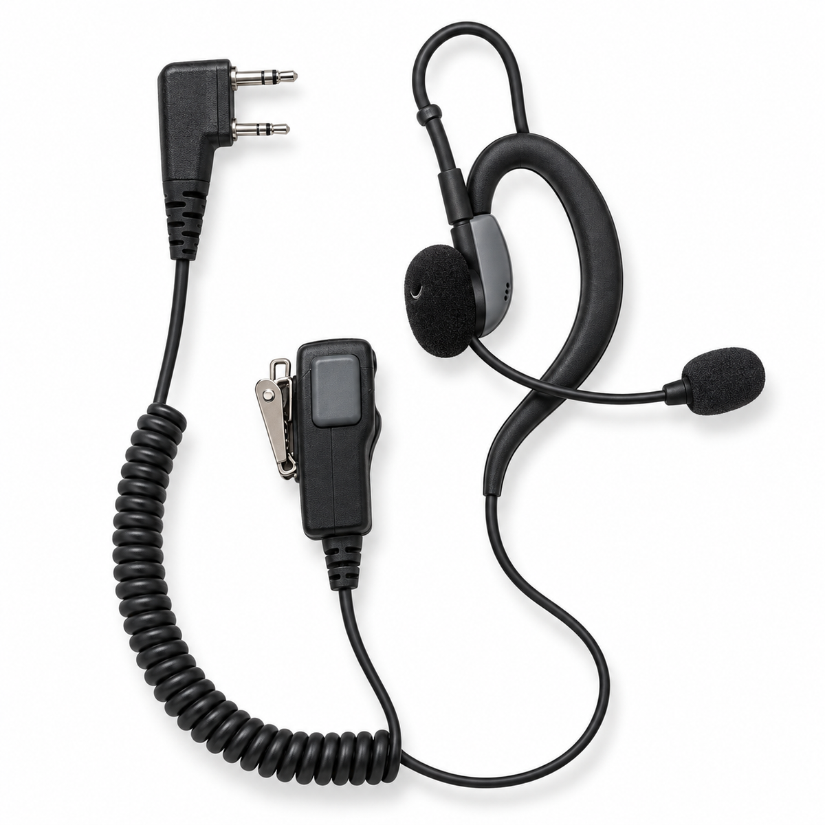 Auricular Midland MA21-LK con PTT y conector Kenwood de 2 pines sobre fondo blanco