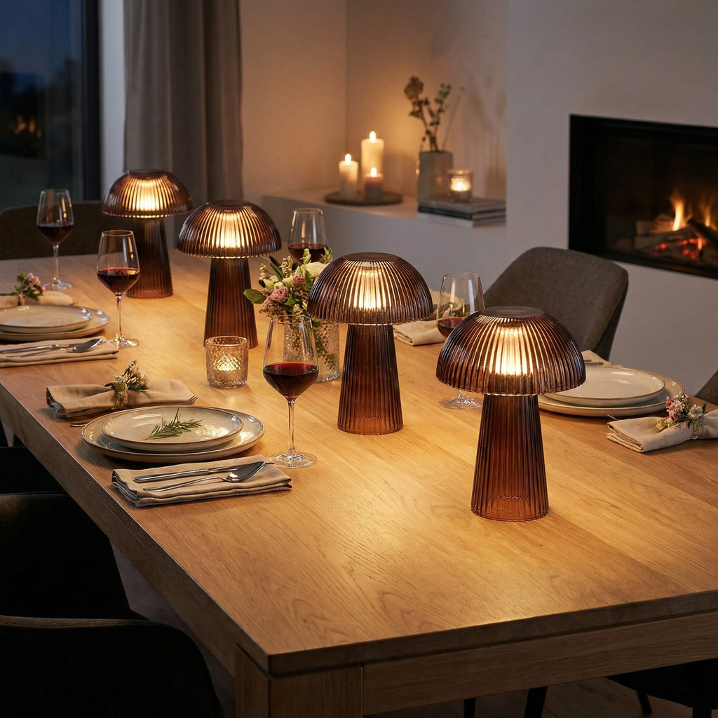 Set 4 Mini Lámparas LED de Mesa Cristal Estriado Bronce Decorativas a Pilas | Casalux