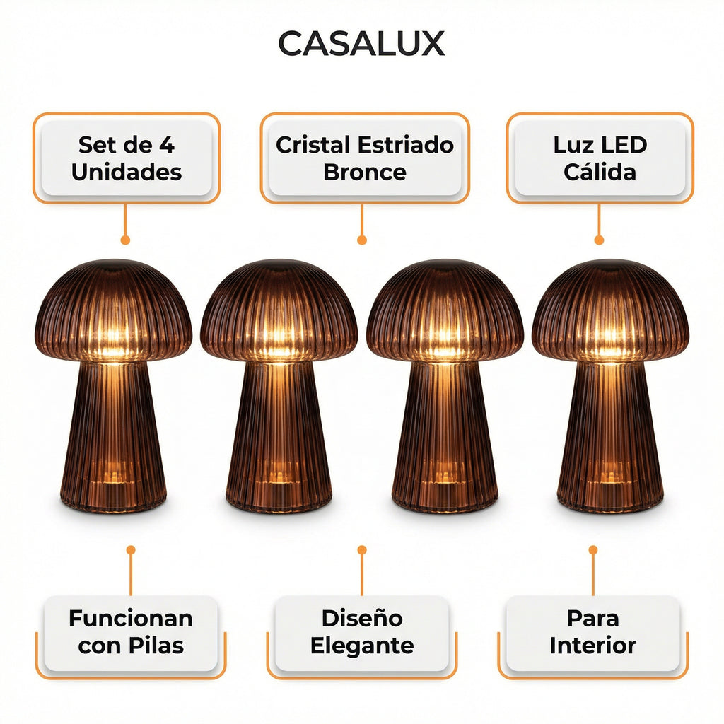 Set 4 Mini Lámparas LED de Mesa Cristal Estriado Bronce Decorativas a Pilas | Casalux