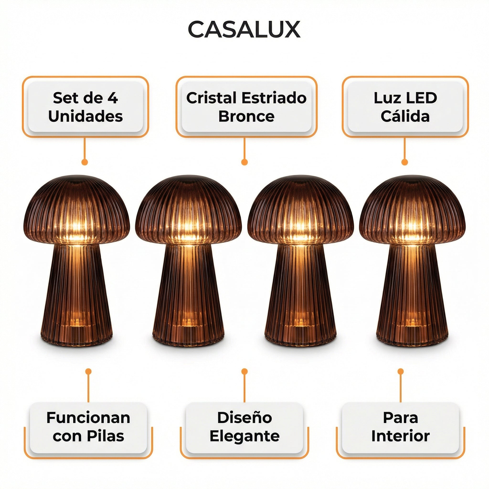 Set 4 Mini Lámparas LED de Mesa Cristal Estriado Bronce Decorativas a Pilas | Casalux