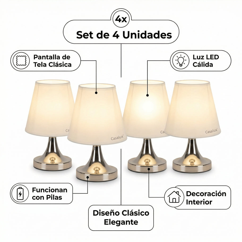 Set 4 Mini Lámparas LED de Mesa con Pantalla de Tela Clásica a Pilas | Casalux