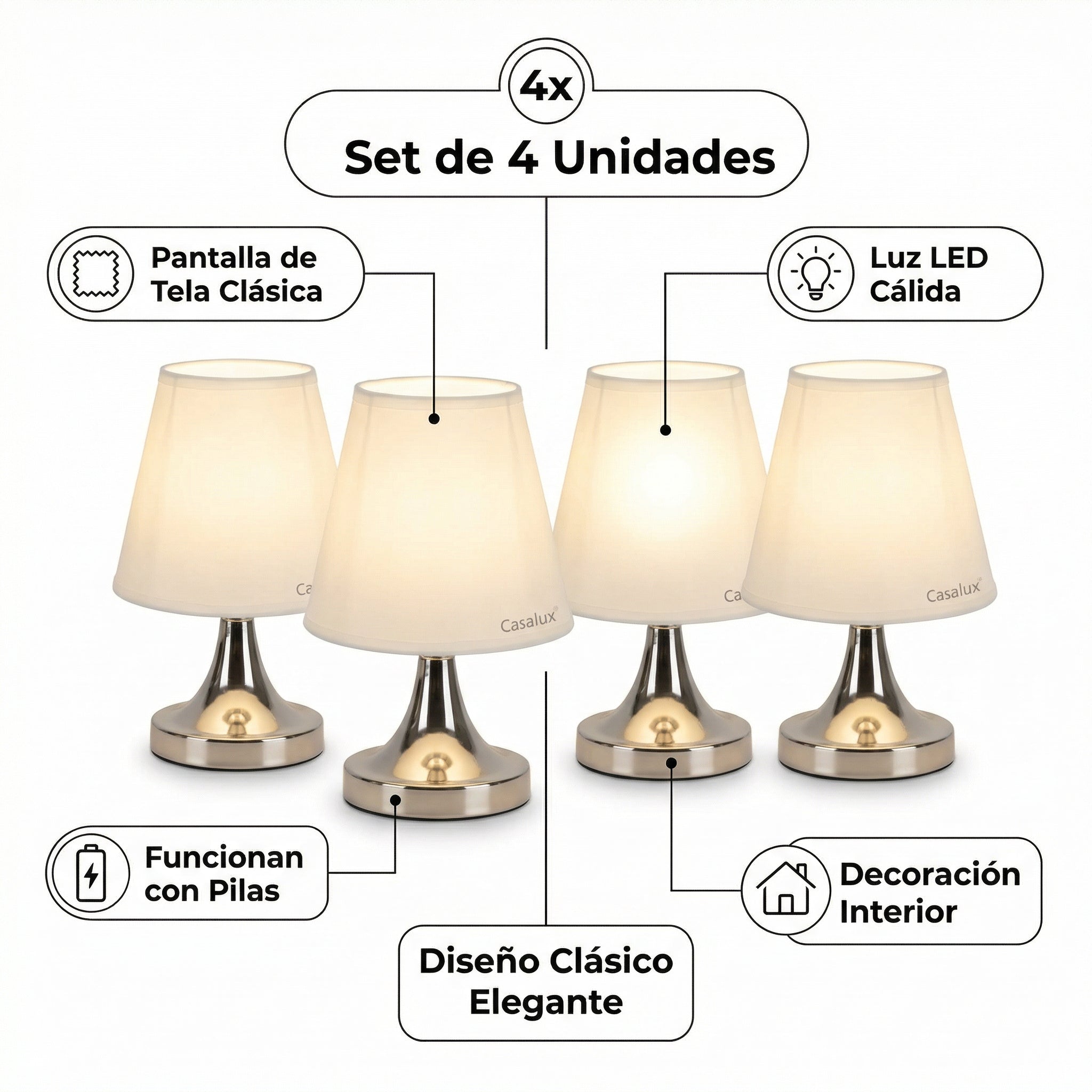 Set 4 Mini Lámparas LED de Mesa con Pantalla de Tela Clásica a Pilas | Casalux