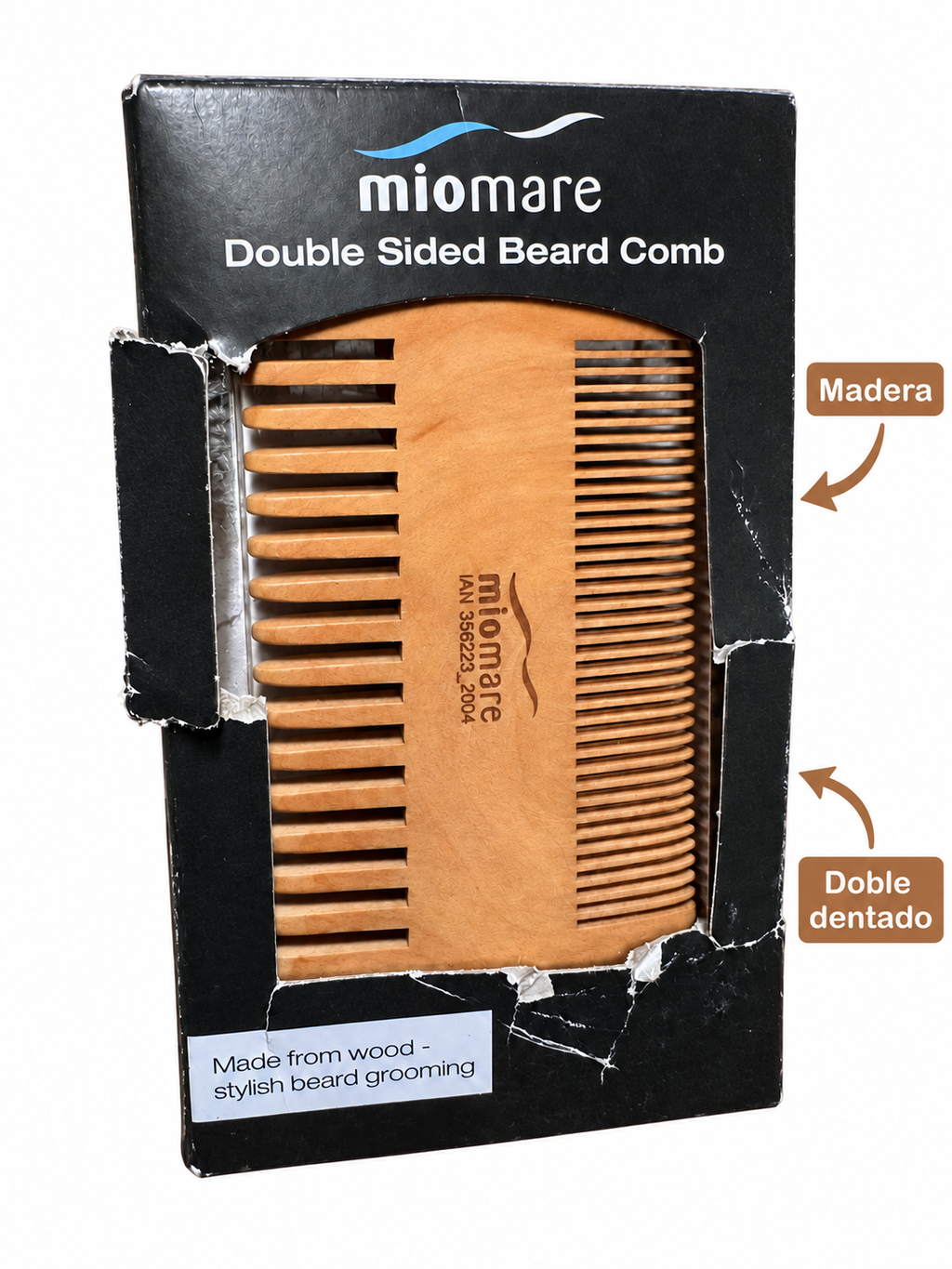 Peine Miomare de madera con doble dentado fino y ancho