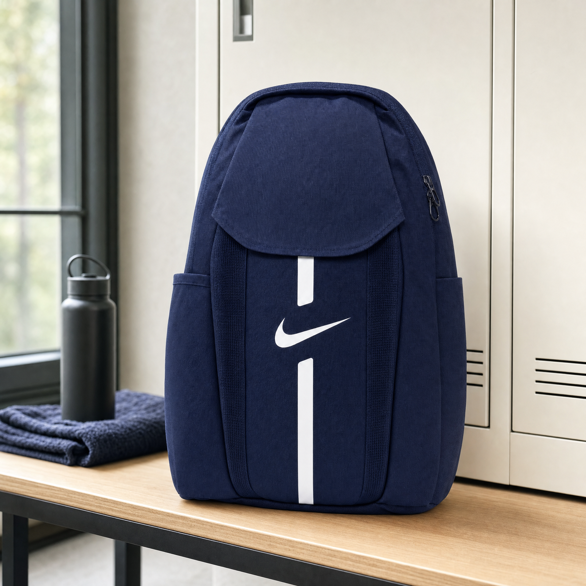 Mochila Nike azul marino con logotipo visible y compartimento principal
